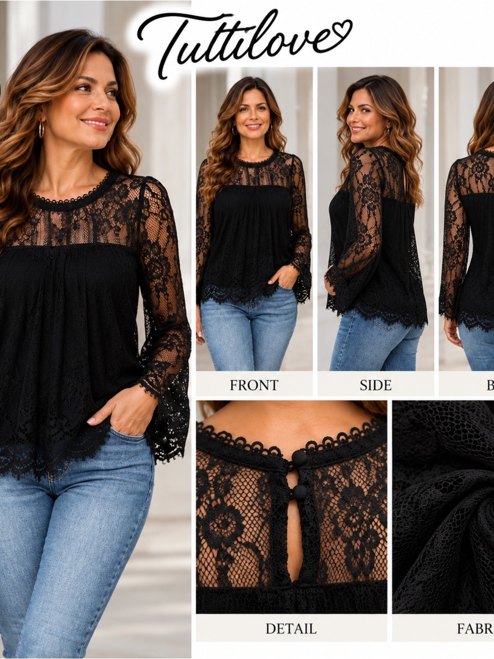 Women's Black Lace Long-Sleeve Peasant Blouse